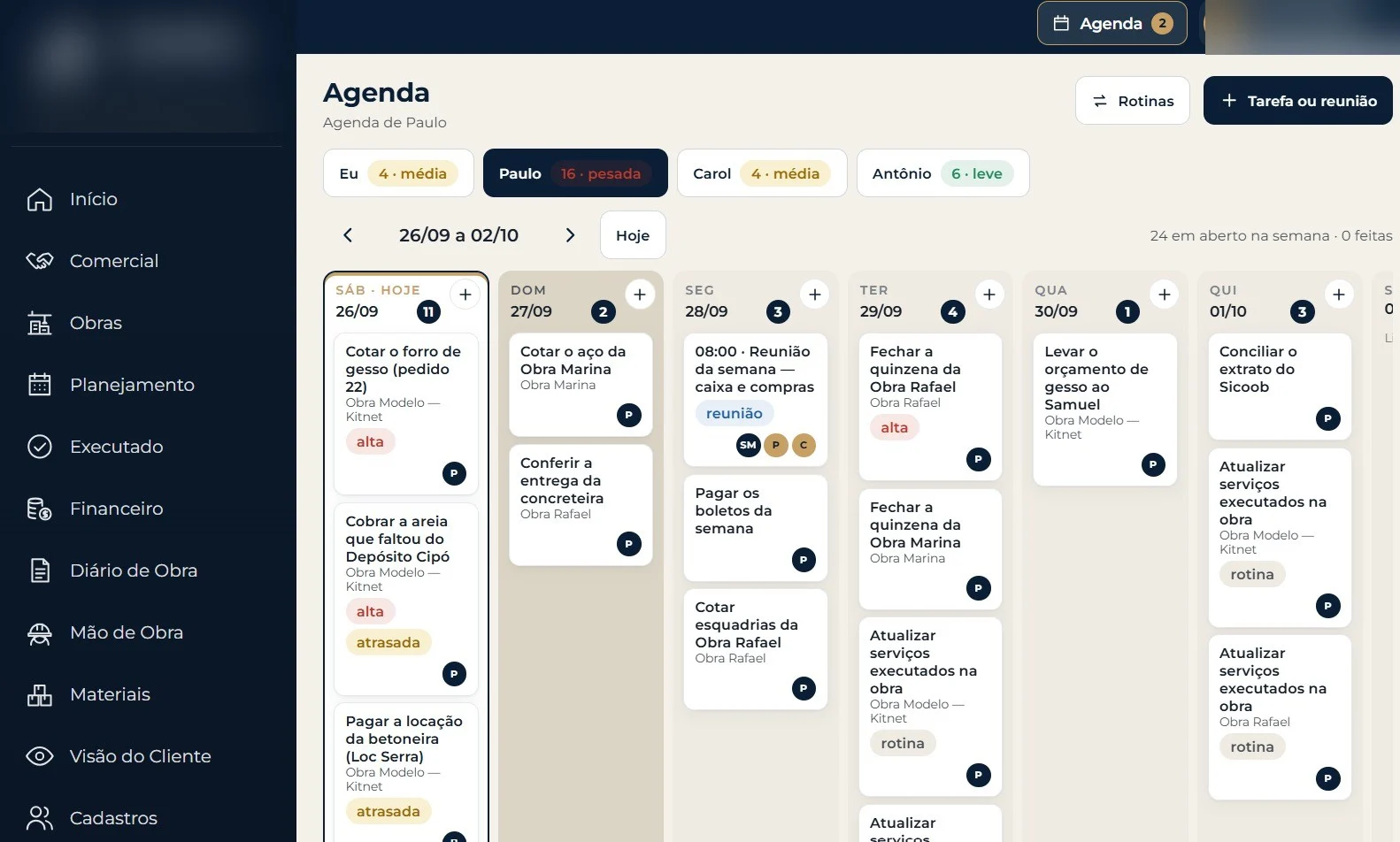 Sistema de um aluno com a agenda da equipe da obra, tarefa por responsável