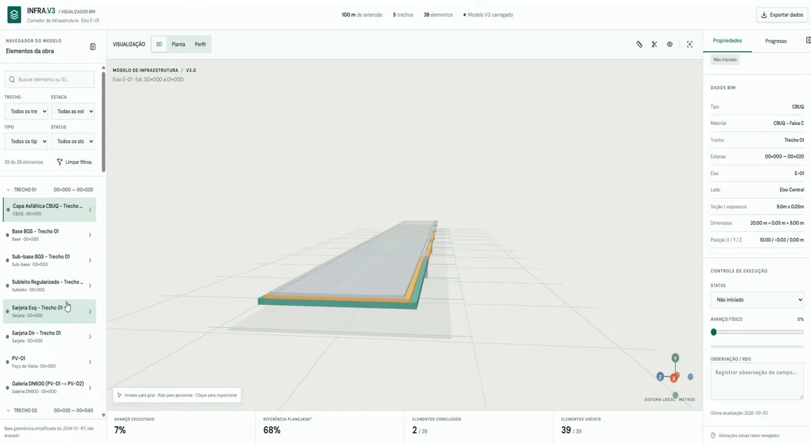 Sistema de um aluno com o modelo 3D de um corredor de infraestrutura e o avanço físico por elemento