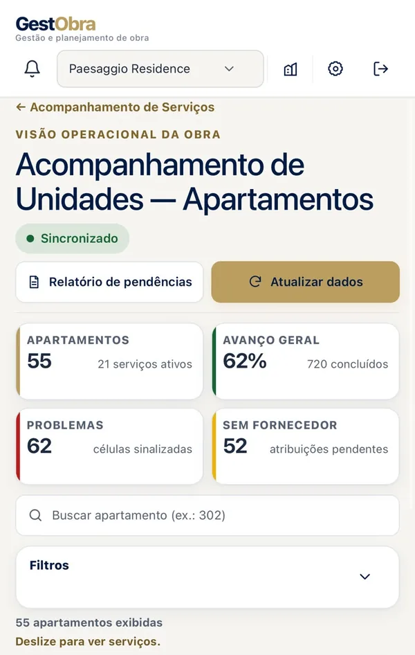 GestObra: sistema de um aluno que acompanha 55 apartamentos, com avanço geral de 62% e problemas sinalizados