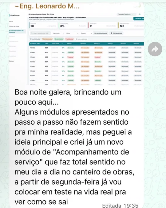 Aluno mostra o módulo de acompanhamento de serviço que criou por conta