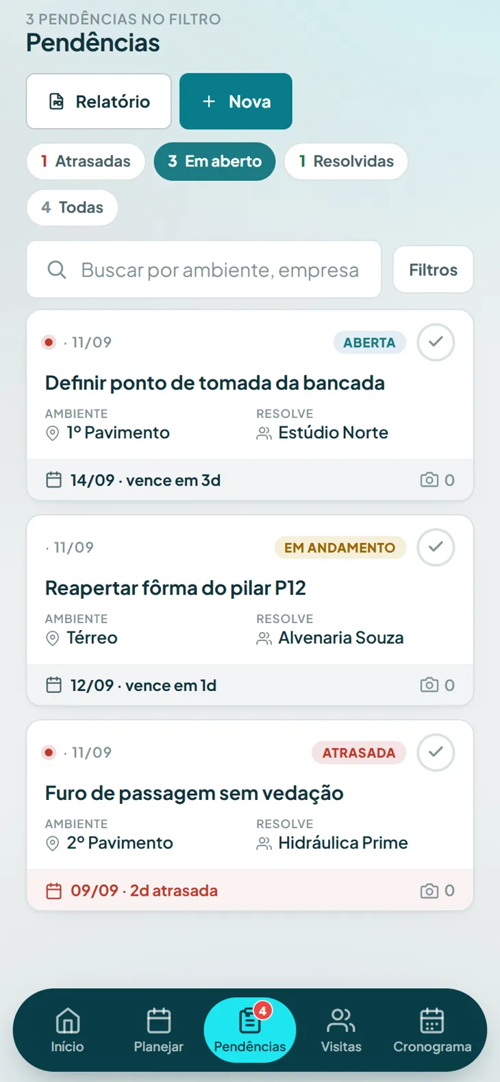 Pendências do FlowPlanner com responsável e prazo